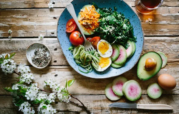 Greens, flowers, tea, egg, plate, tomatoes, spices, avocado