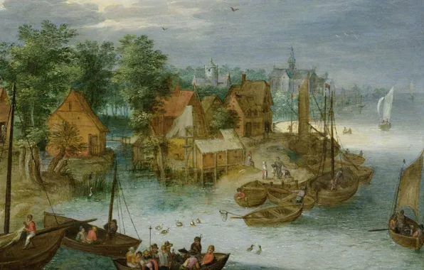 Landscape, picture, Jan Brueghel the elder, Fishing Village on Water