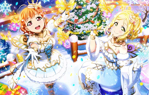Joy, snowflakes, crown, New year, friend, Merry Christmas, white fur, Love Live!