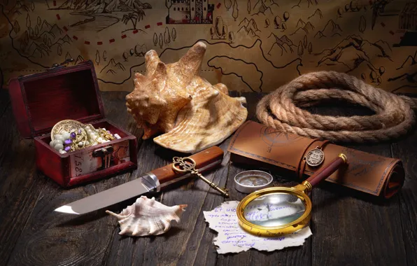 Card, decoration, rope, key, shell, knife, box, still life