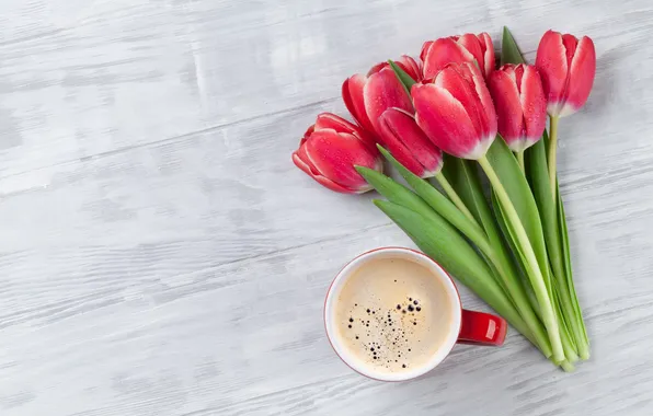 Flowers, bouquet, tulips, red, red, wood, flowers, romantic