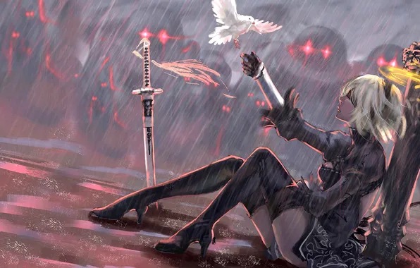Girl, sword, fantasy, robot, rain, Nier, digital art, dove