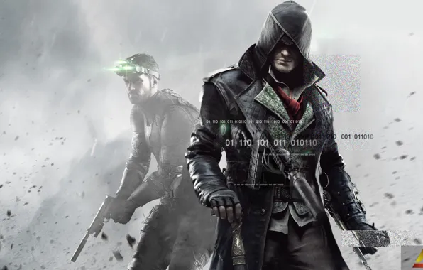 Gun, weapons, machine, Assassins Creed, Hood, Cloak, Sam Fisher, partner