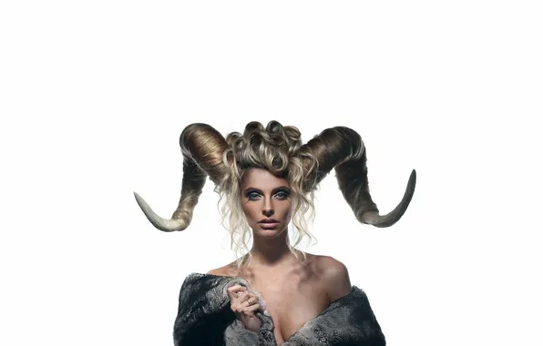 Picture BLONDE, HORNS, WHITE.BACKGROUND, COAT, HAIRSTYLE