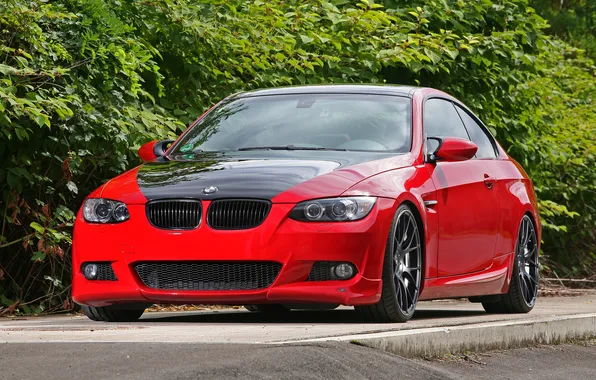 Picture glass, red, reflection, bmw, BMW, red, the front, shrub