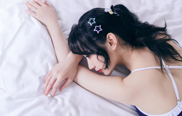 Beautiful, Asian, Model, Bed, Woman, Lying Down, Laying, Pretty