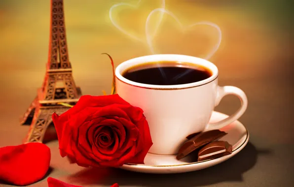 Picture flower, heart, rose, coffee, chocolate, petals, couples, Cup