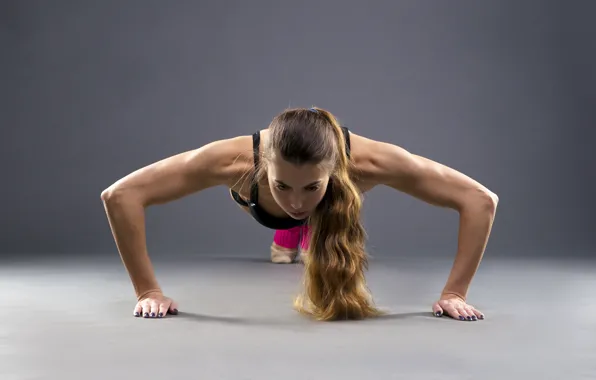 Girl, sport, brown hair, fitness, on the floor, pressed, training, pushups
