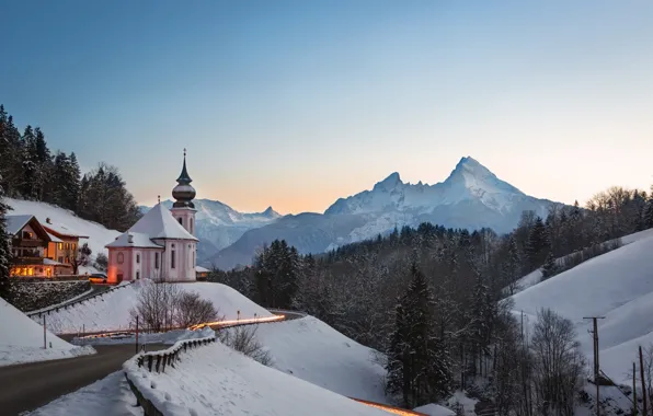 Winter, road, forest, snow, mountains, Germany, Bayern, Church