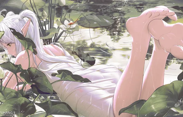 Girl, pond, elf, fantasy, water lilies, Sousou no Frieren, Freeze, the water meter