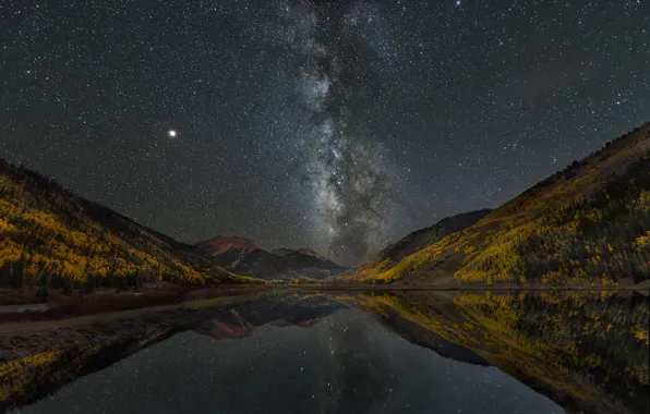 Stars, mountains, night, lake, reflection, shore, The milky way