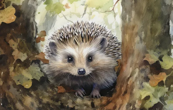 Look, branches, tree, foliage, portrait, watercolor, hedgehog, painting