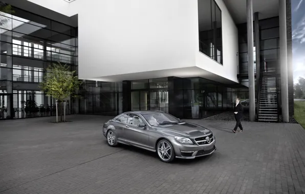 Picture the building, silver, Playground, Mercedes-Benz CL63 AMG 2011