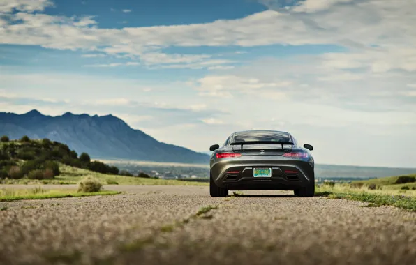 Road, the sky, clouds, mountains, Mercedes-Benz, back, GTS, tail lights
