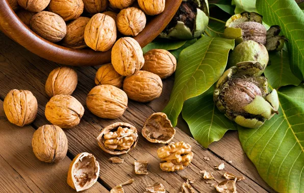 Leaves, Table, Still life, Nuts, Dish, Benefit, Júglans period, Family Nutty