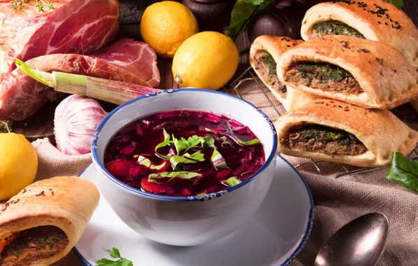 Lemon, soup, meat, vegetables, cakes, meat, pies