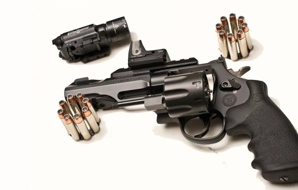 Picture gun, optics, white background, cartridges, revolver, sight, drum, Smith &ampamp; Wesson