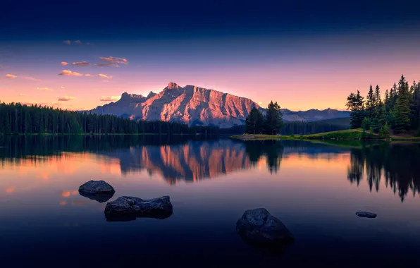 Mountains, lake, view, Serenity, Two Jack Lake