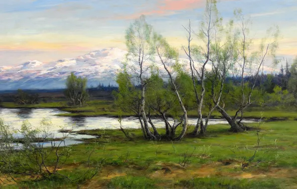 Picture nature, picture, Mountains and birch at the reservoir, Johan Tieran