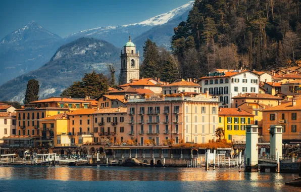 Trees, lake, building, tower, home, Italy, Italy, Bellagio