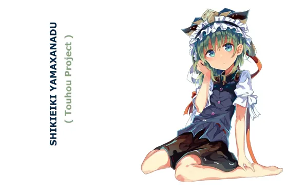Hat, white background, blue eyes, art, green hair, barefoot, Touhou Project, Project East