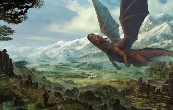 Mountains, dragon, people, art, ruins, giant
