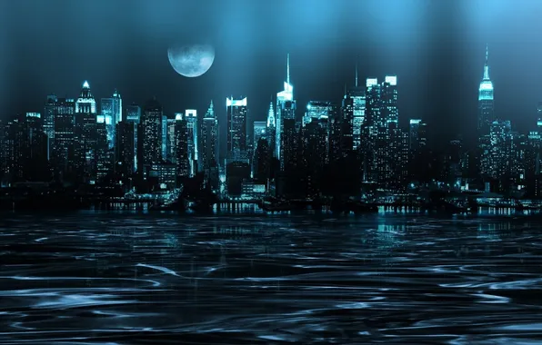 The sky, night, the city, river, the moon, skyscrapers