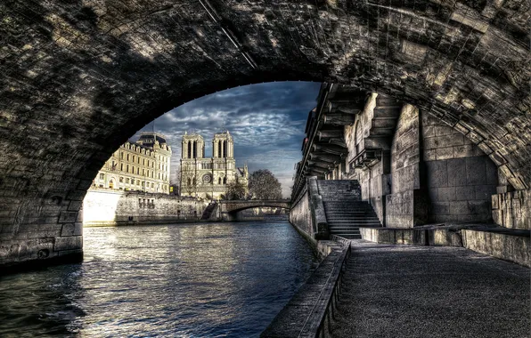 Picture bridge, the city, river, France, Paris, HDR, Notre Dame de Paris
