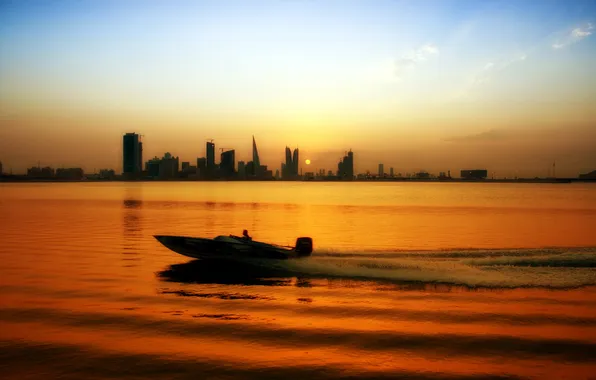 Landscape, sunset, the city, river, boat