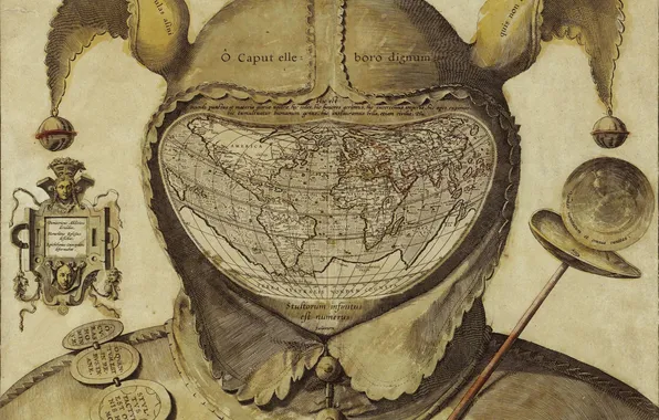 Figure, map, antiquity, jester, engraving
