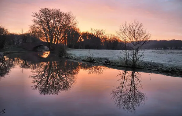 Picture field, the sky, snow, sunset, bridge, river