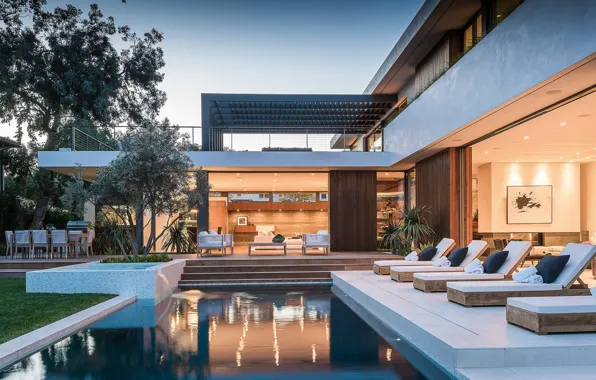 Pool, terrace, living room, dining room, outside-inside house, interior-exterior, Amalfi Drive Residence, Amalfi Residence