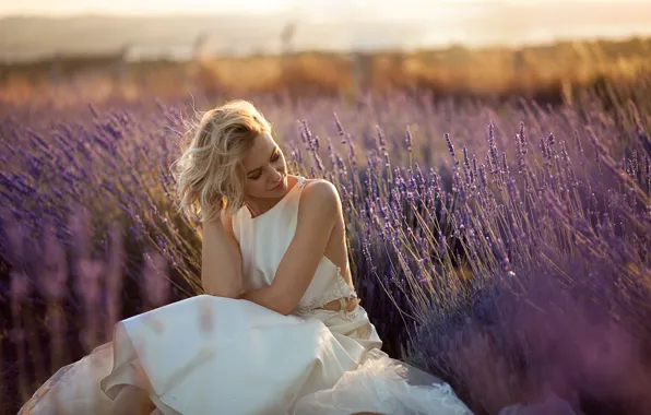 Field, girl, nature, dress, blonde, lavender
