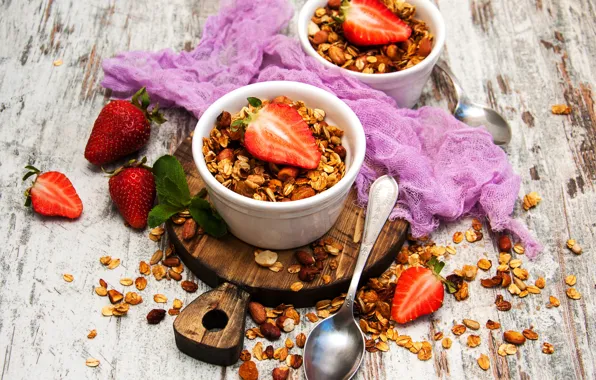 Berries, strawberry, Cup, nuts, spoon, granola, Olena Rudo