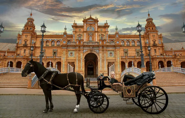 Girl, house, horse, coach