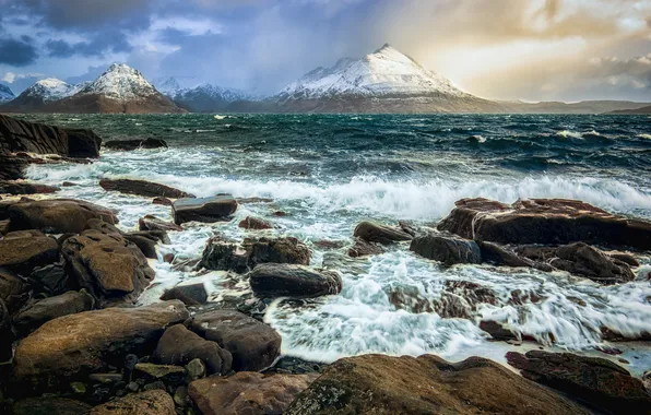 Sea, wave, snow, mountains, stones, shore
