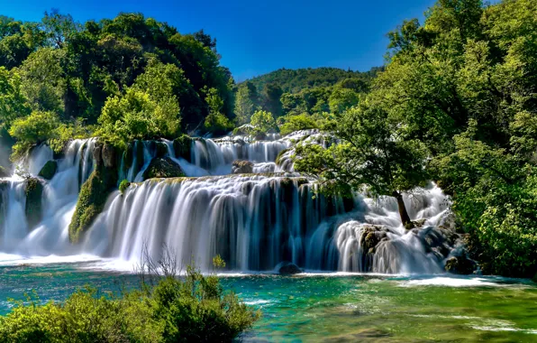 Forest, trees, river, waterfall, cascade, Croatia, Croatia, Krka National Park