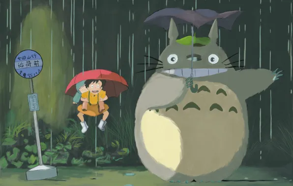 Rain, umbrella, Totoro, Hayao Miyazaki