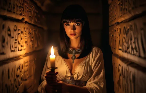 Picture chest, look, girl, pose, wall, flame, brunette, pyramid