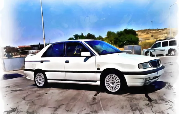 Car, white, art, Lancia, sedan