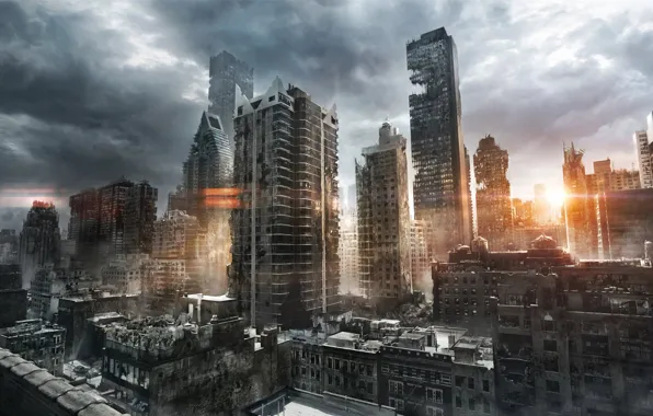 The sun, clouds, the city, sunrise, morning, art, ruins, postapocalyptic