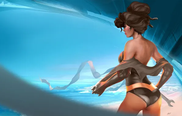 Sand, sea, the sky, girl, hair, back, art, gloves