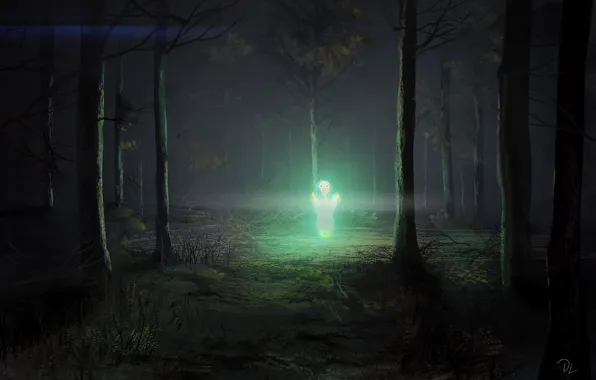 Picture forest, light, night, figure, art, alien, art, Illustration
