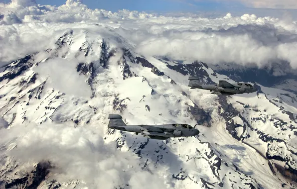 Clouds, flight, mountains, the volcano, aircraft, Grumman, deck, EA-6B