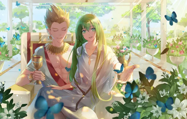 Butterfly, wine, anime, art, two, characters, Gilgamesh, Fate Grand Order
