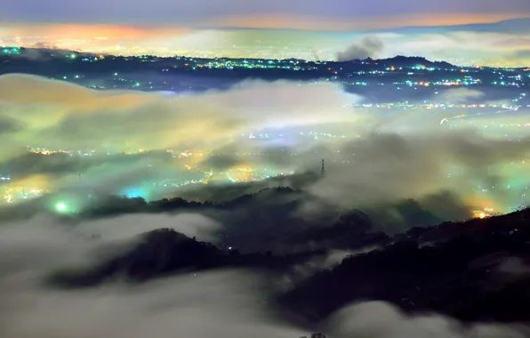 Picture clouds, night, the city, lights, fog