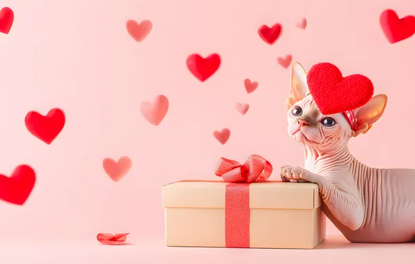 Cat, look, pose, kitty, box, heart, heart, hearts