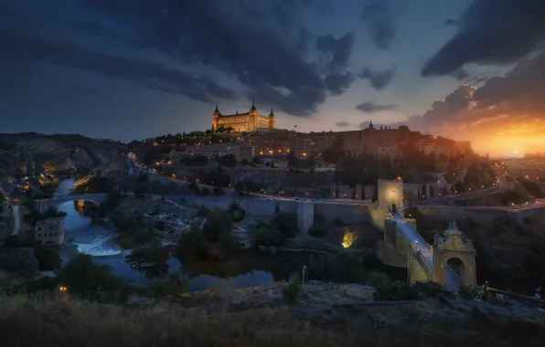 Picture night, the city, lights, the evening, Spain, Toledo