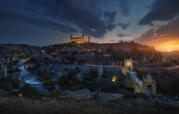 Night, the city, lights, the evening, Spain, Toledo