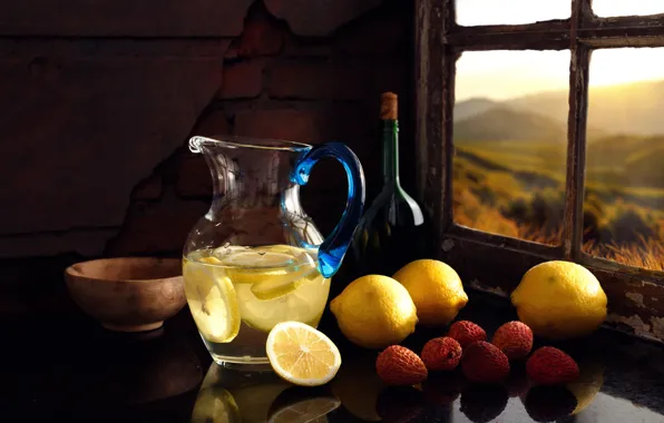 Freshness, window, drink, still life, lemons, lemonade